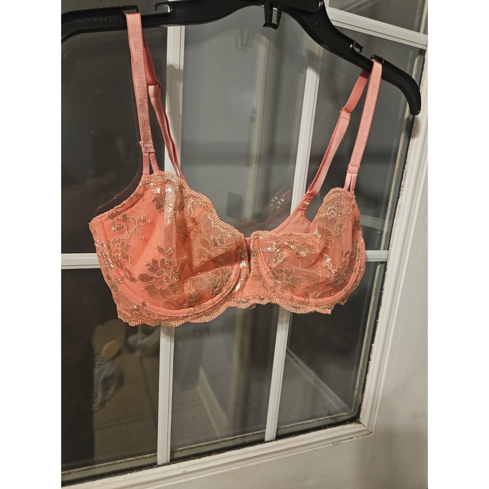 Victoria's Secret 34DD Push Up Bra Pink Gold Foil Glitter Floral Mesh Underwire